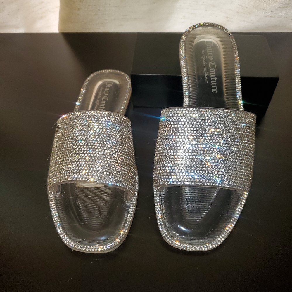 Juicy Couture clear rhinestone embellished sandals / slides